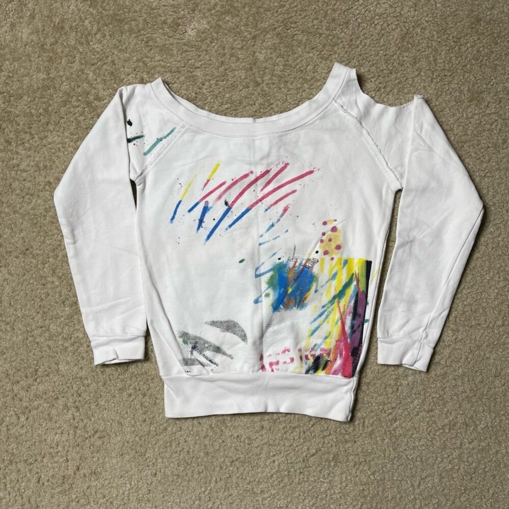 0051 Womens Pullover Cold Shoulder Sweatshirt 90’s White Pink Paint Strokes XS